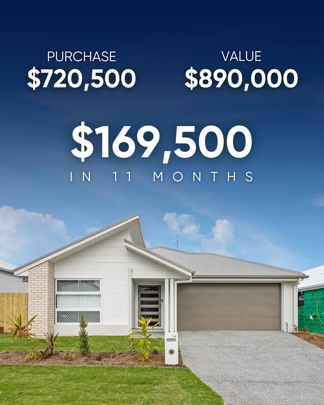Residential investment property purchased for $720,500 and valued at $890,000 after 11 months