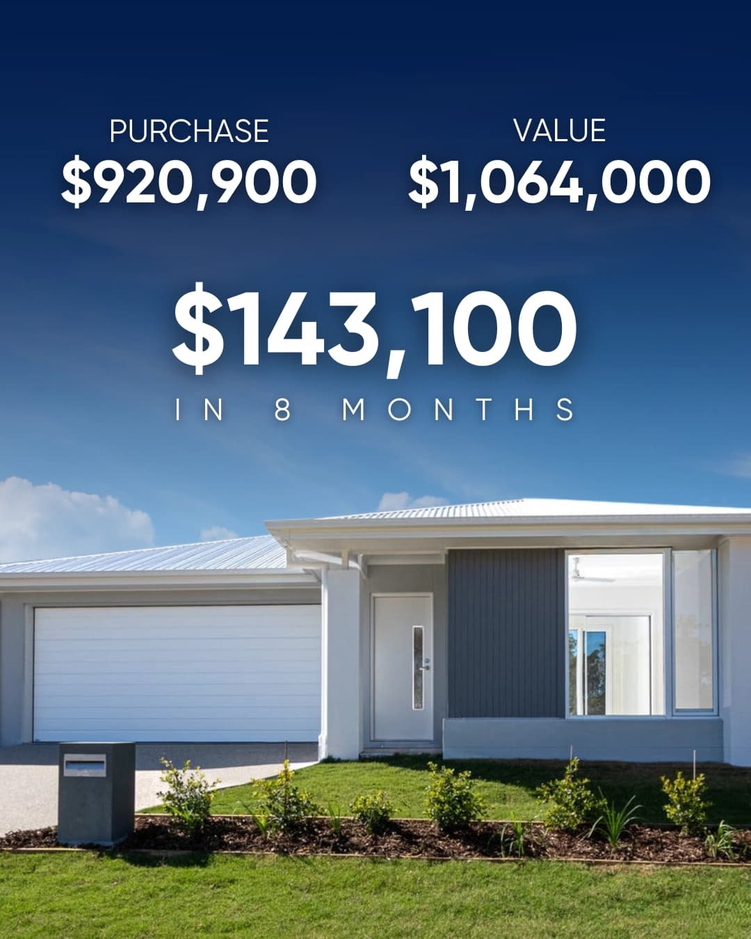 Modern investment property purchased for $920,900 and valued at $1,064,000 after eight months