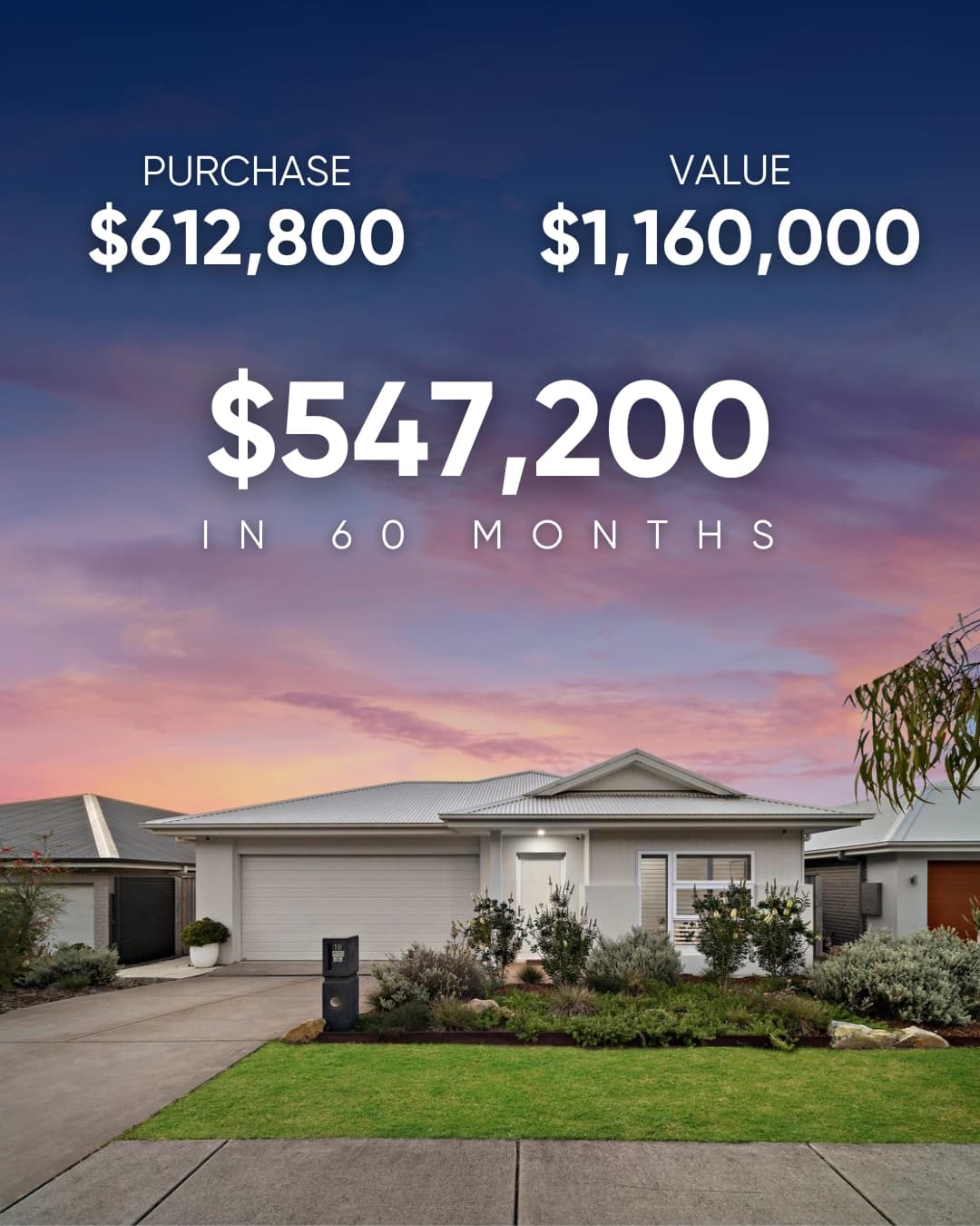 Modern Australian investment property purchased for $612,800 and valued at $1,160,000 after 60 months