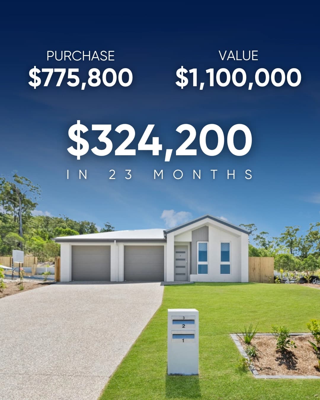 Residential investment property purchased for $775,800 and valued at $1,100,000 after 23 months