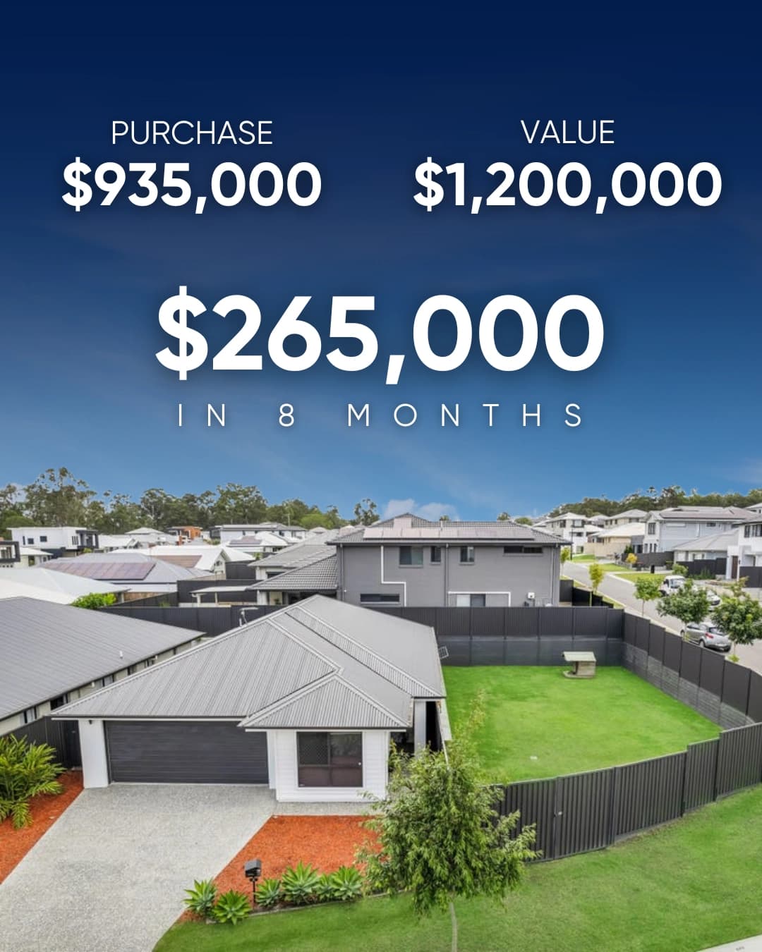 Residential investment property purchased for $935,000 and valued at $1,200,000 after eight months